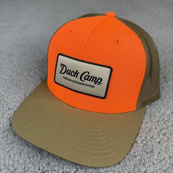 Duck Camp Hat Cap Snap Back Orange Tan Trucker Mesh Patch Outdoor Hunter Mens - Picture 1 of 7